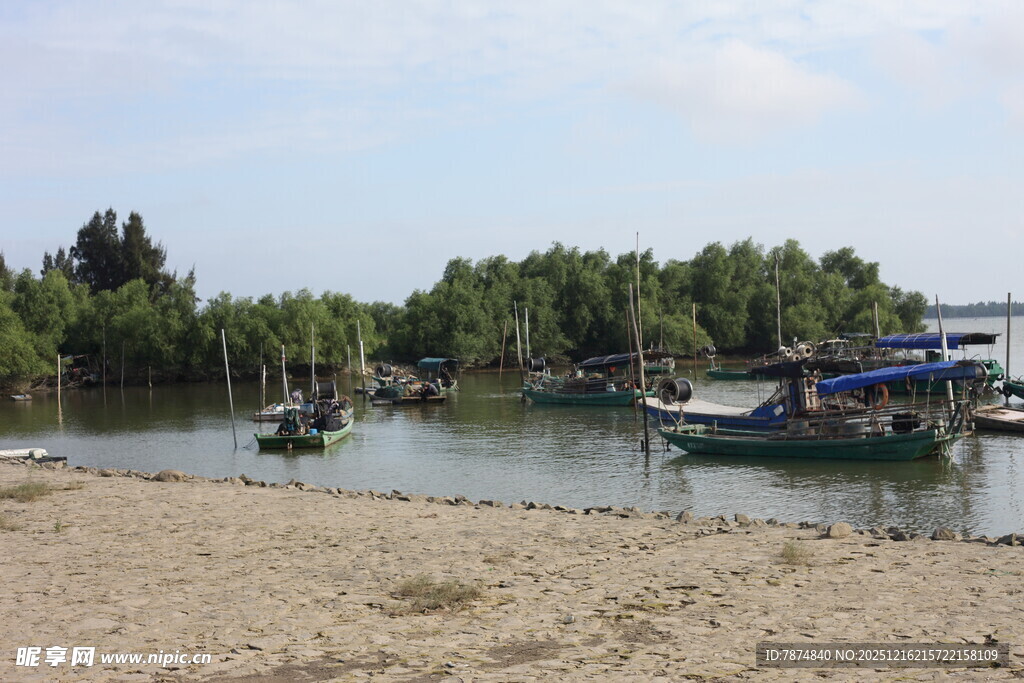 河畔小船与岸边葱郁树林