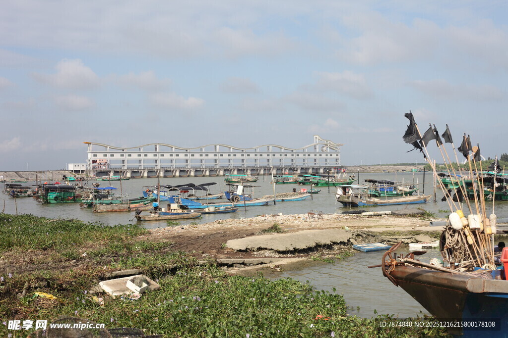 海边码头船只与桥梁景观