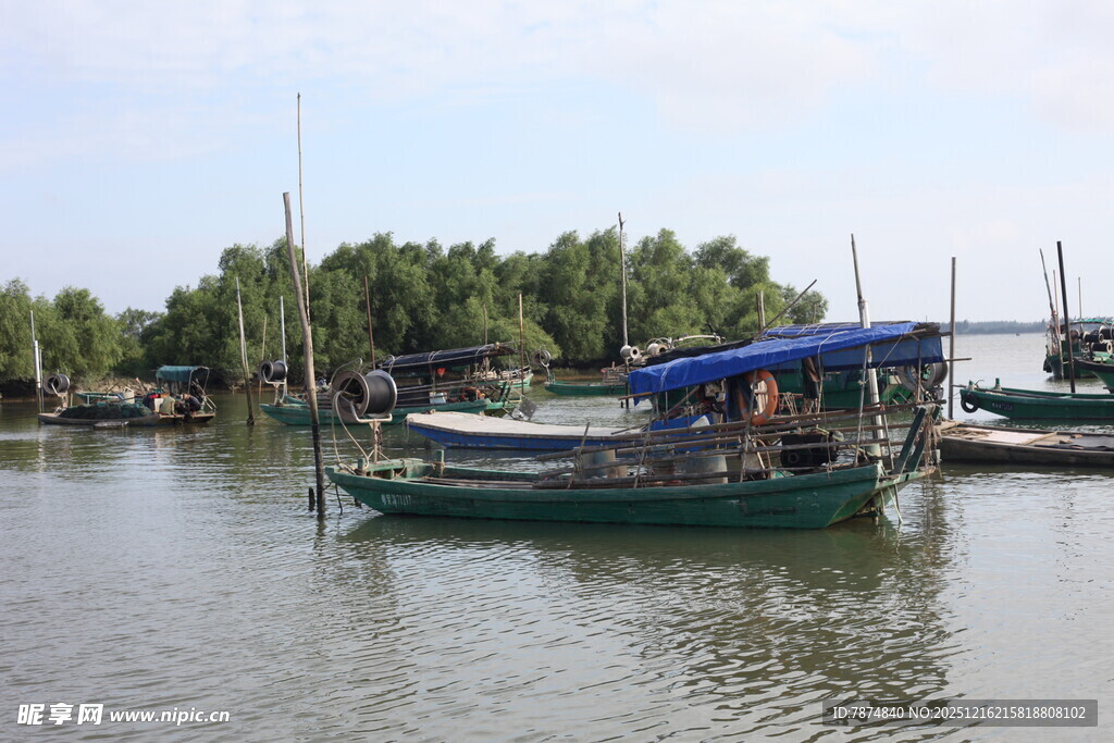 水上停泊的多艘船只
