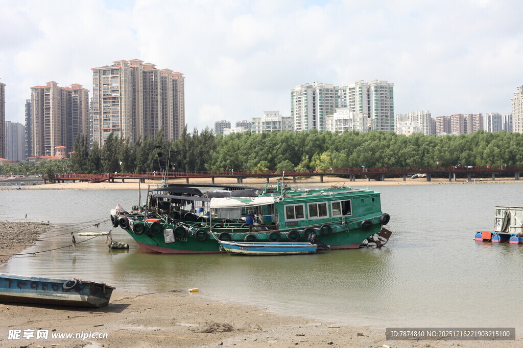 江边停泊的船只与城市景观