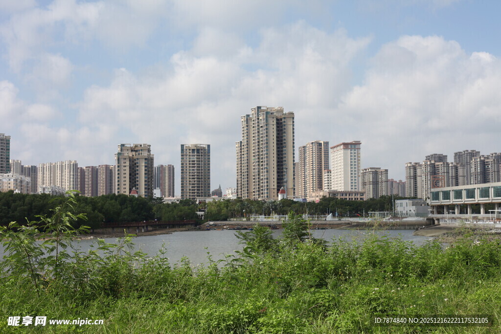 河畔高楼与绿植景观