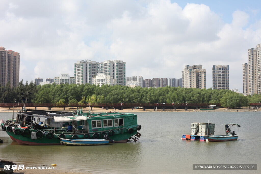 江边停泊的船只与城市景观