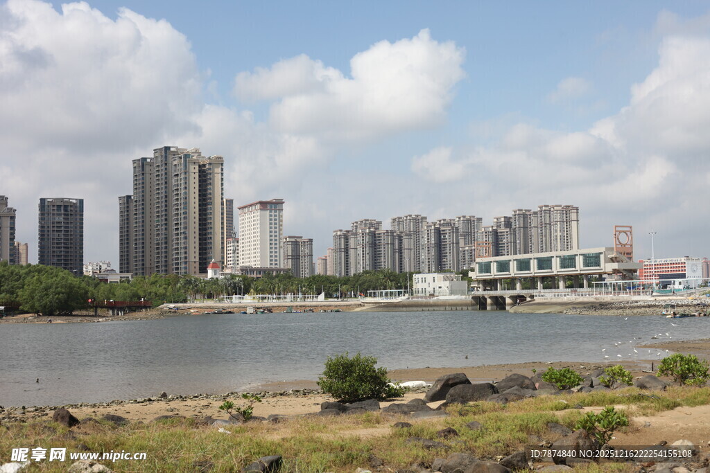 河畔高楼林立的城市景观