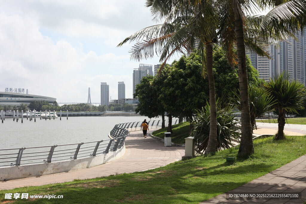 河畔绿荫下的休闲步道