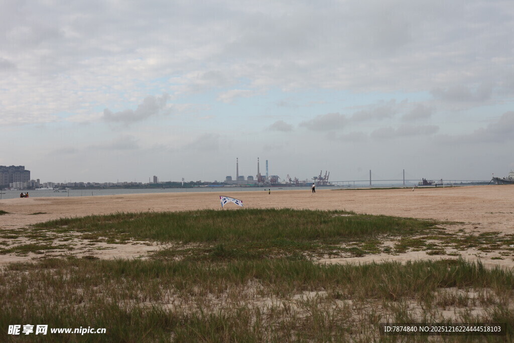 海边草地与远处工业景象