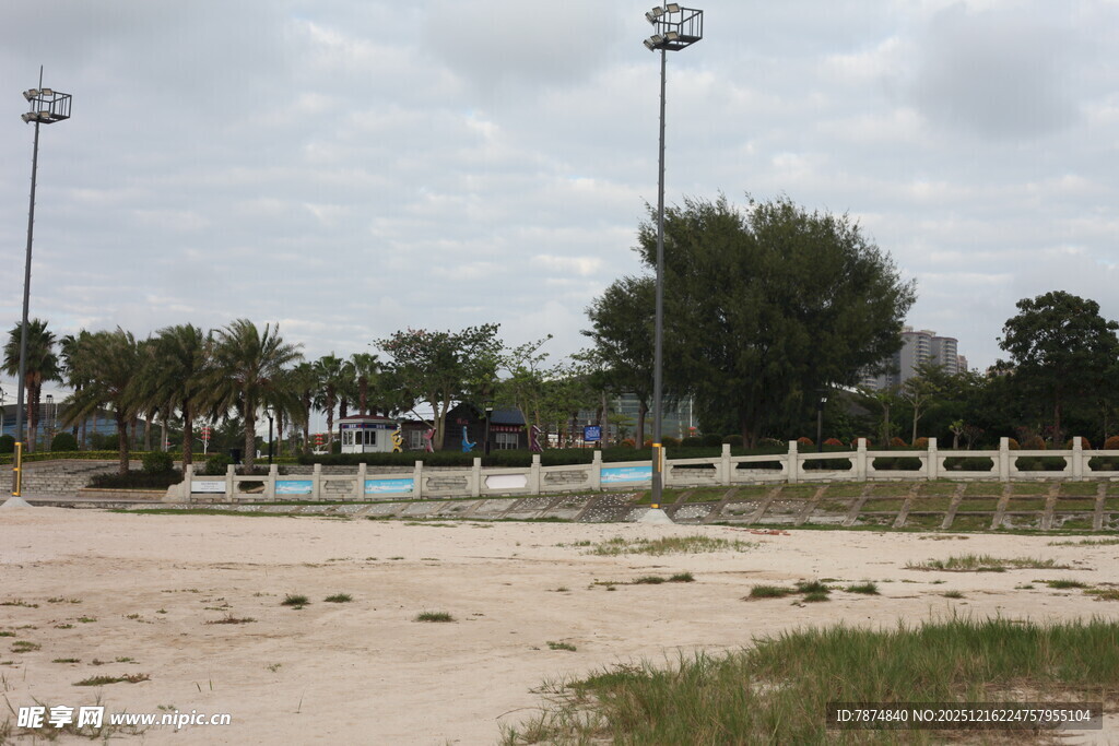 空旷沙滩旁的路灯与绿植