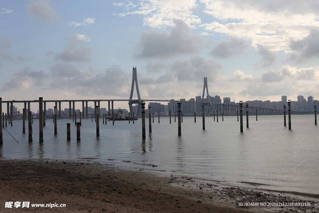 江边桥梁与城市天际线景观