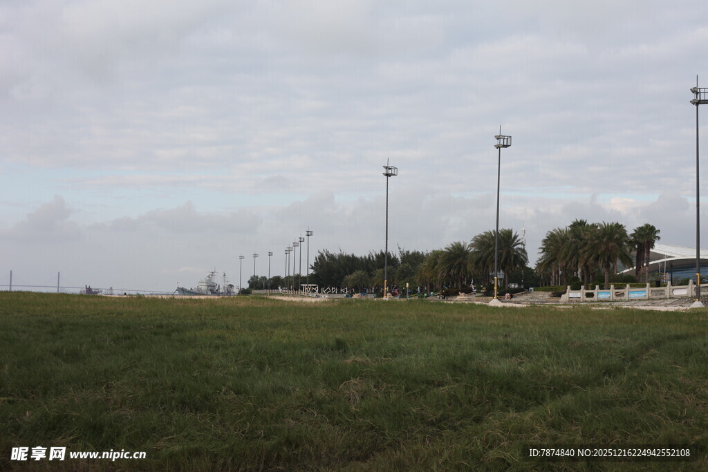 开阔草地旁的高耸灯杆