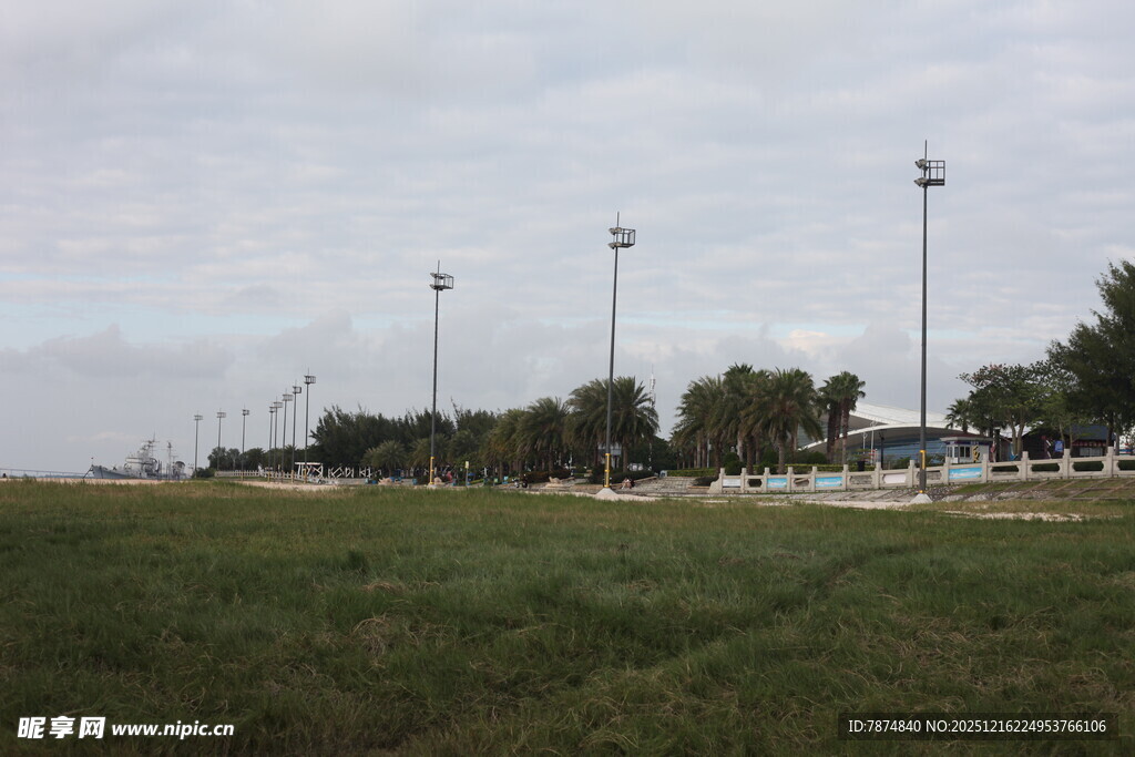 户外开阔草地与灯杆场景