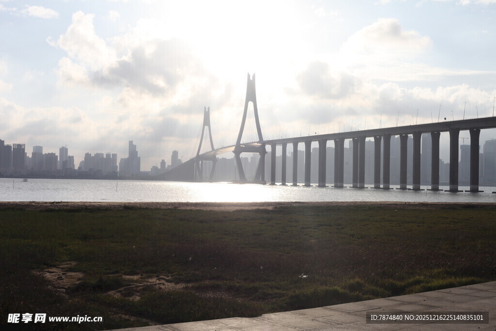 江边大桥与城市天际线