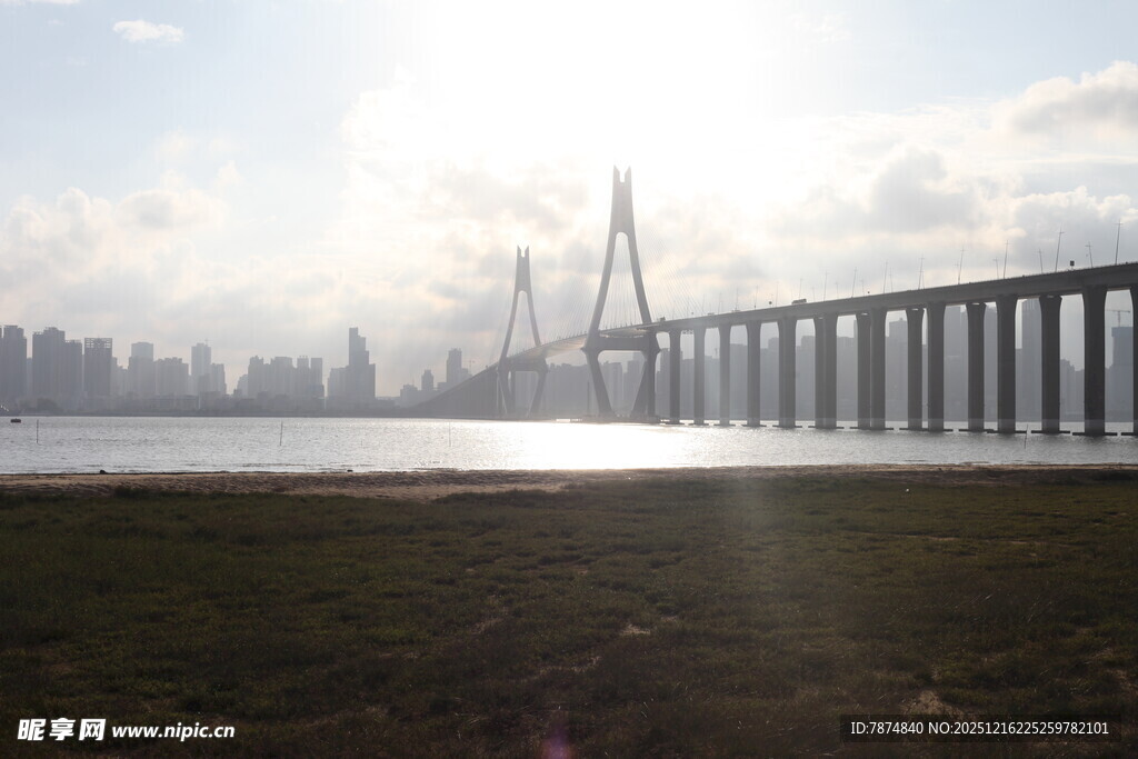 夕阳下的大桥与城市景观