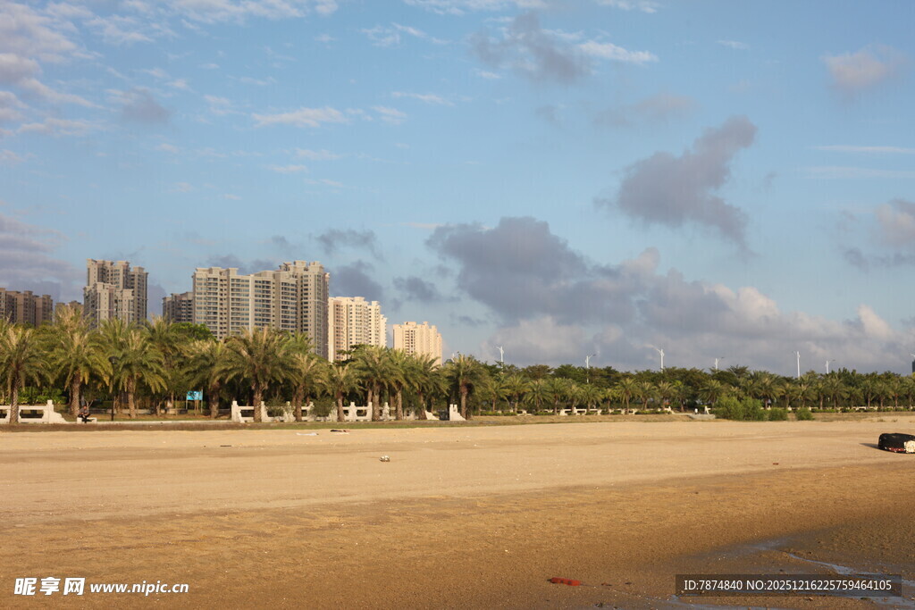 海滨沙滩与远处建筑群