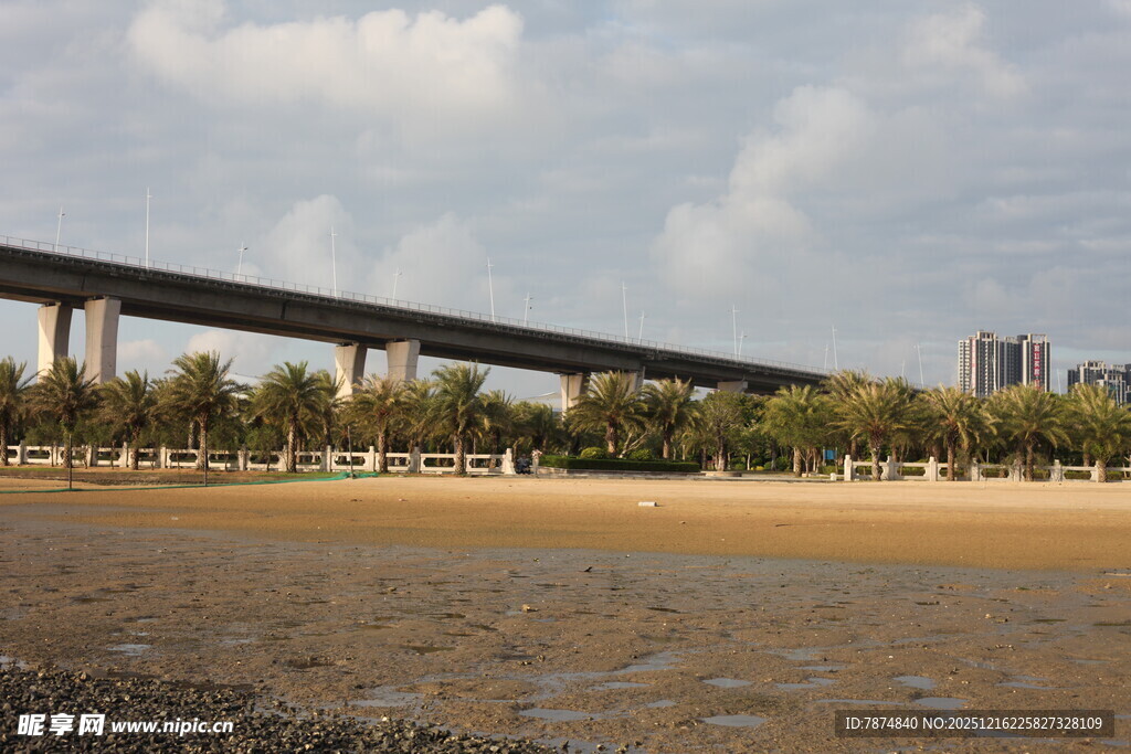 河畔桥梁与城市远景
