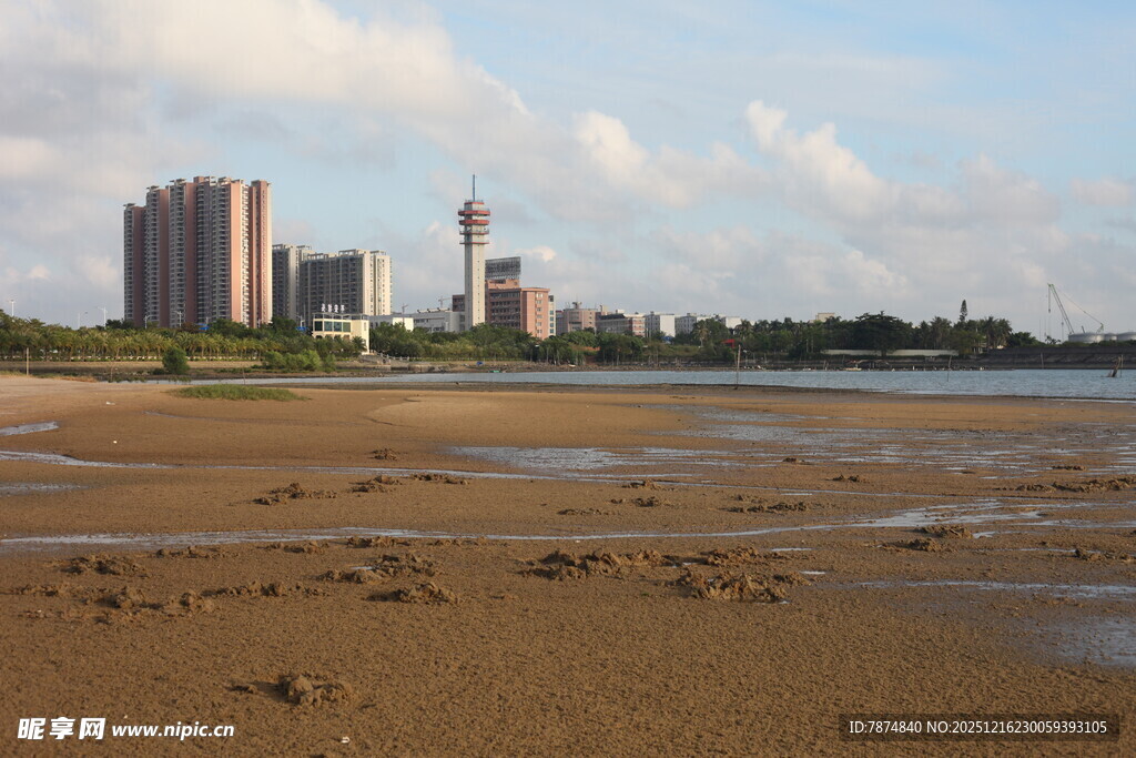 城市边的开阔沙滩景观