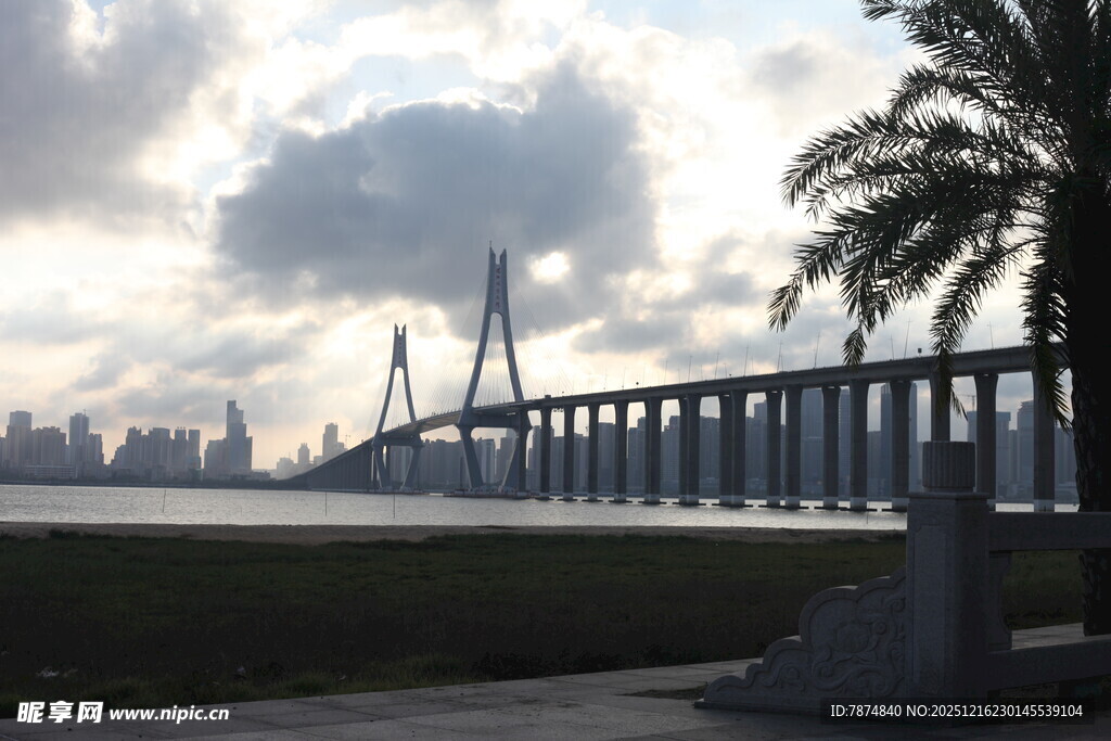 城市跨海大桥与天际景观