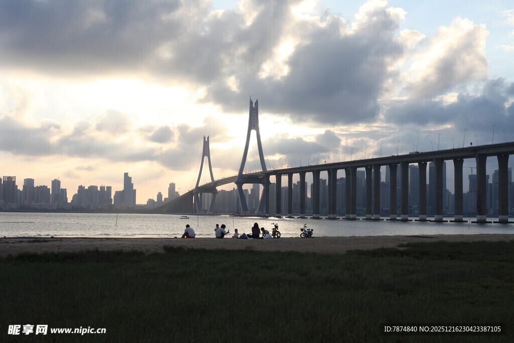 黄昏下的大桥与城市景观