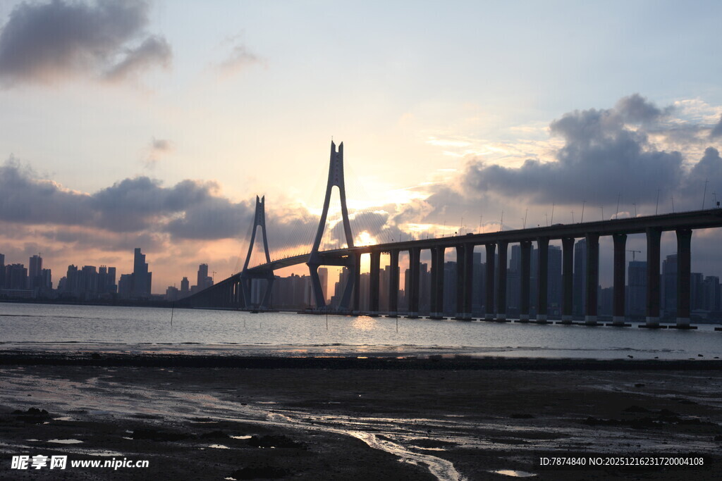 夕阳下的跨海大桥美景