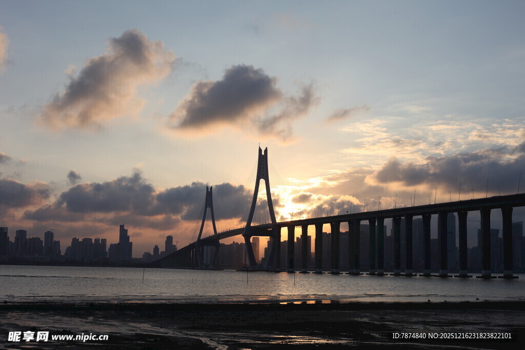 夕阳下的跨海大桥美景