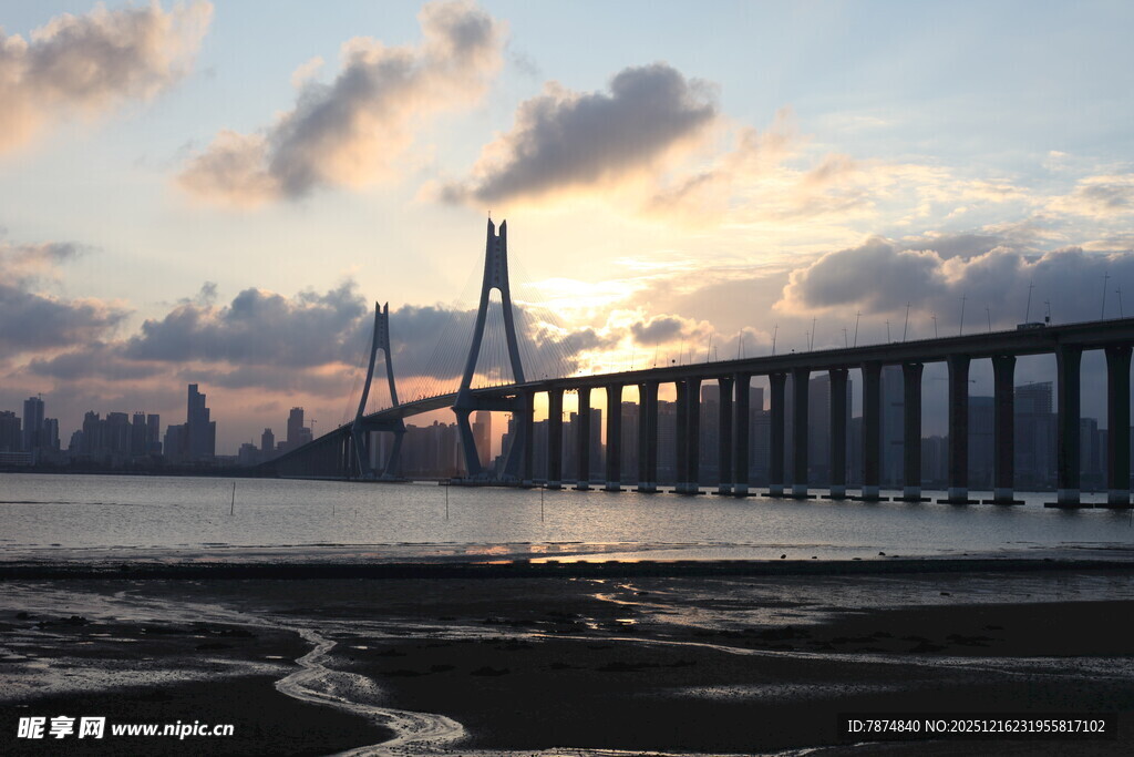夕阳下的跨海大桥美景
