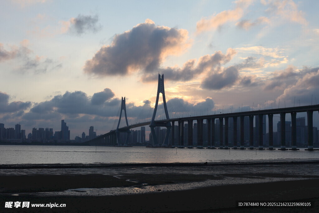 黄昏下的大桥与城市天际线