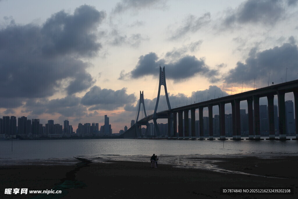 黄昏下的跨江大桥美景
