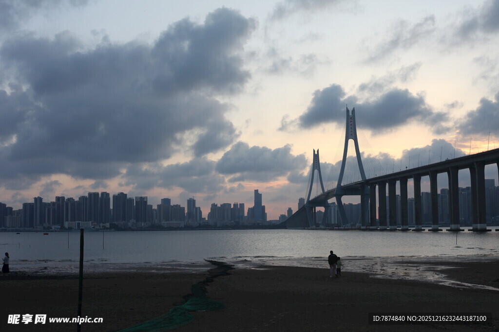 黄昏下的大桥与城市景观