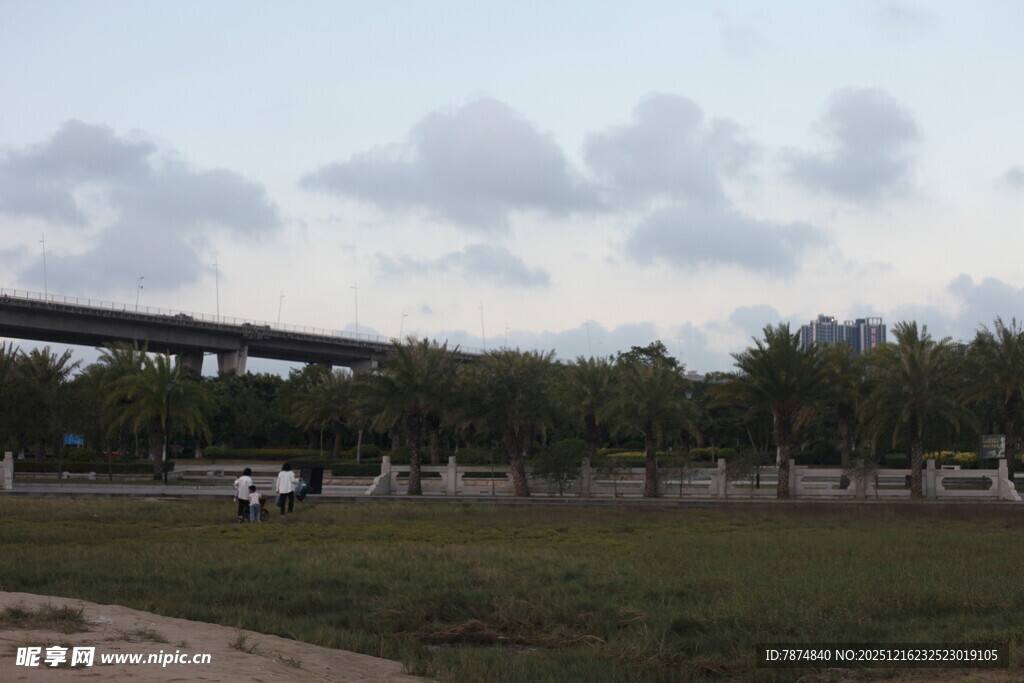 郊外开阔草地与远处桥梁