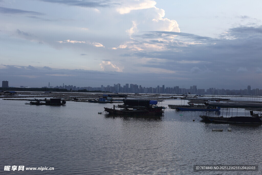 河畔船只与城市天际线