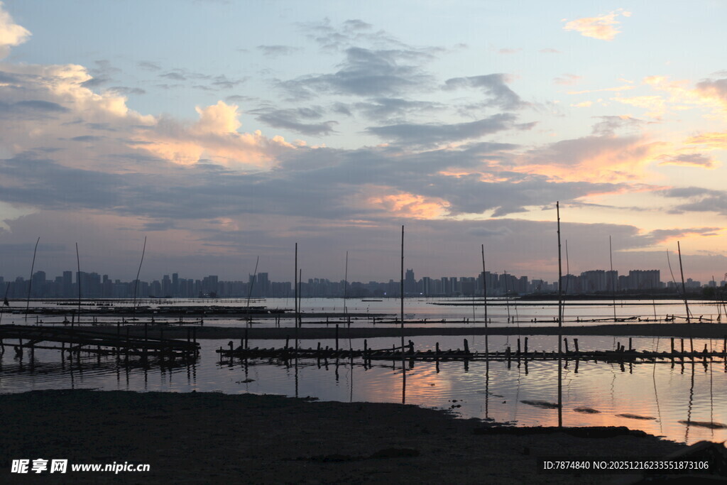 黄昏下的宁静水边风景