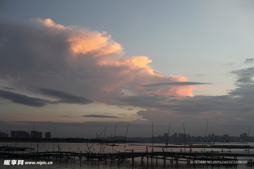夕阳下的城市河畔美景