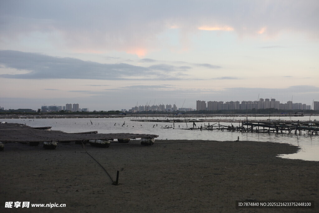 黄昏下的宁静河岸风光