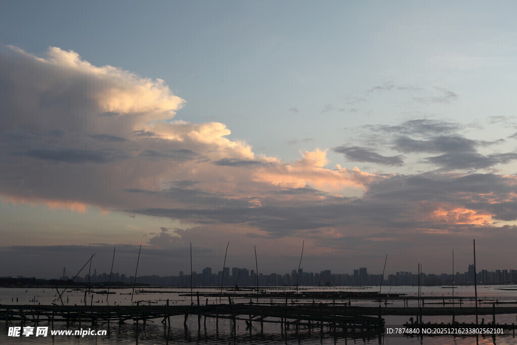 黄昏下的城市河畔美景