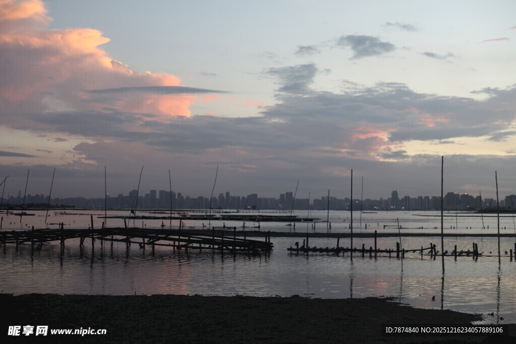 黄昏下的宁静水边景致
