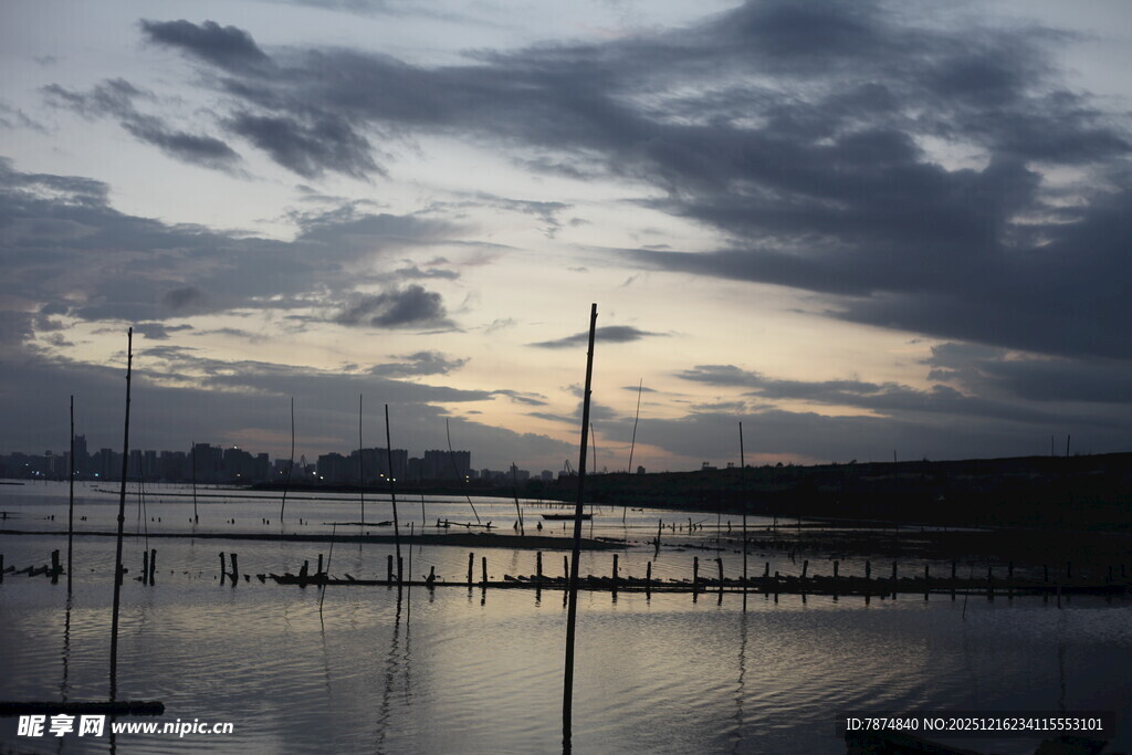 黄昏下的水边与电线杆景观