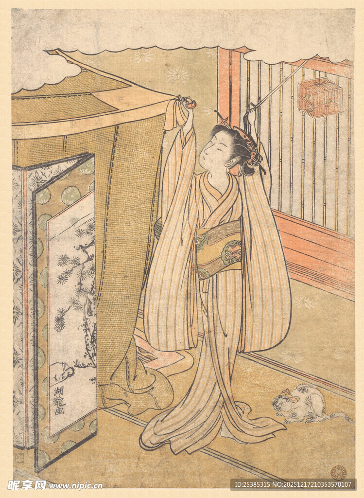 日式古风女子倚门而立