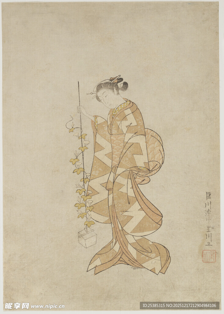 古代人物持杖行走图