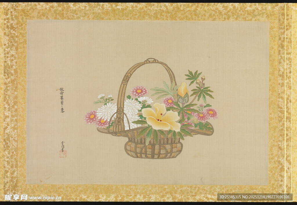 中式手绘花卉提篮图