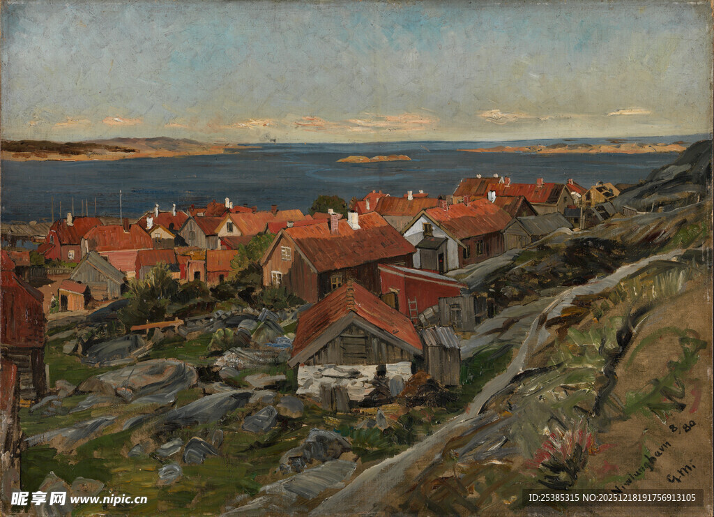 海边红顶村落风景图