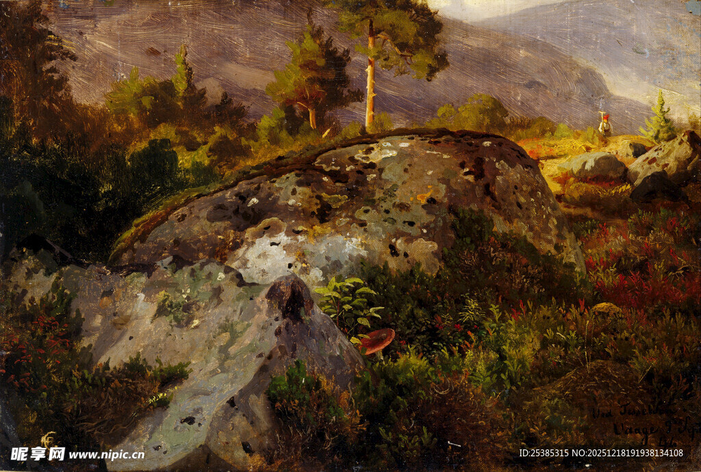 山间石桥风景油画