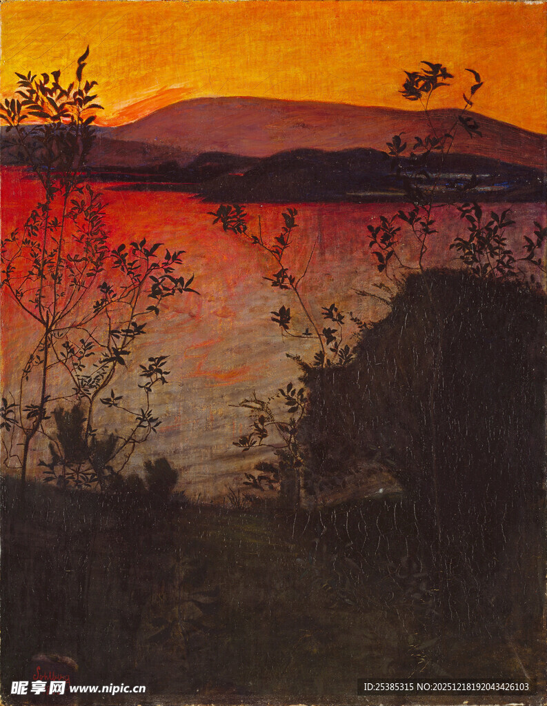 夕阳下的山水风景图