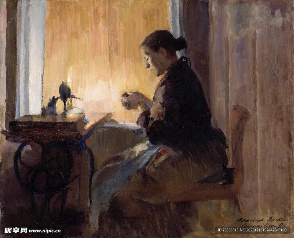 窗边缝纫的女子