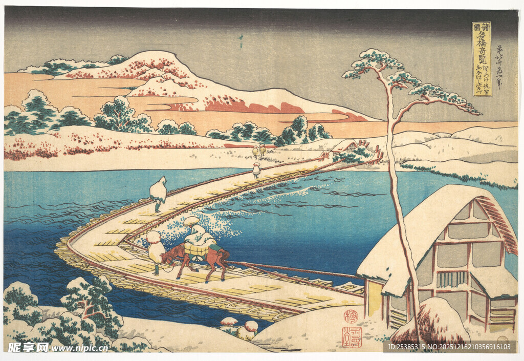 冬日河畔雪景与行人画面