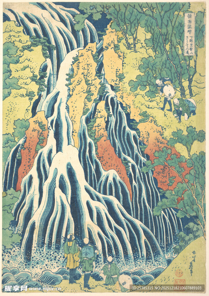 日式瀑布浮世绘艺术图景