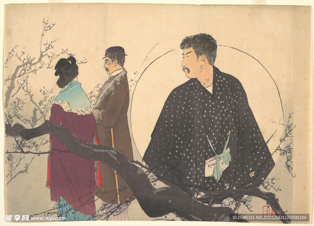 古风人物于枝头旁的场景