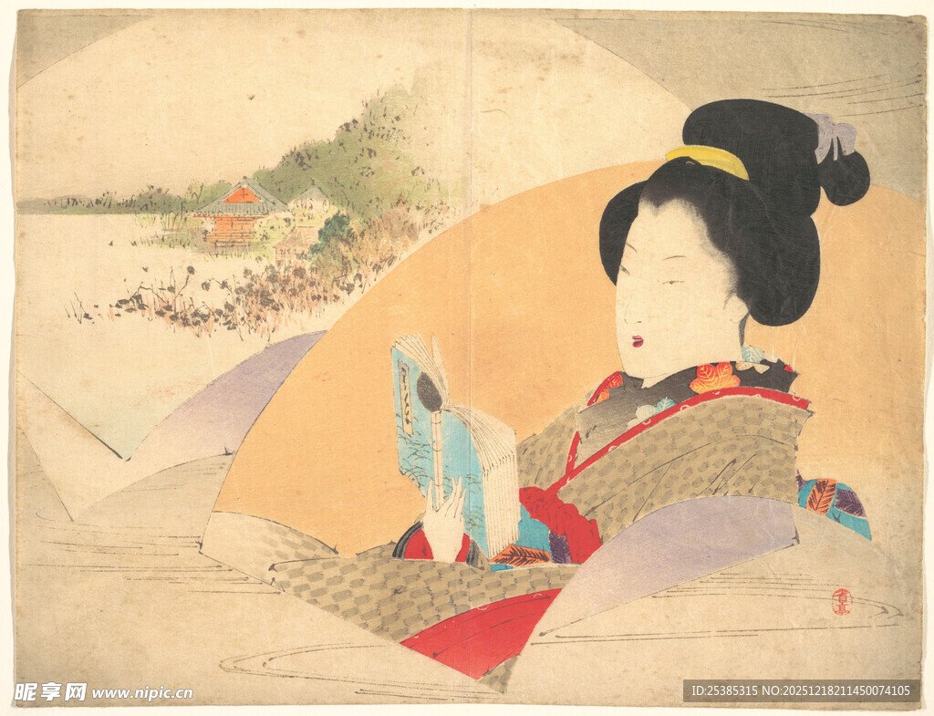 日本艺伎持扇赏景图