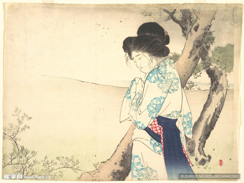 身着和服的日本女子倚树
