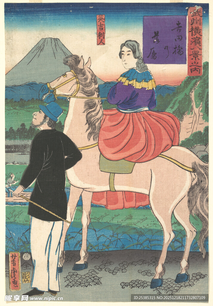 日本传统场景中的骑马女子