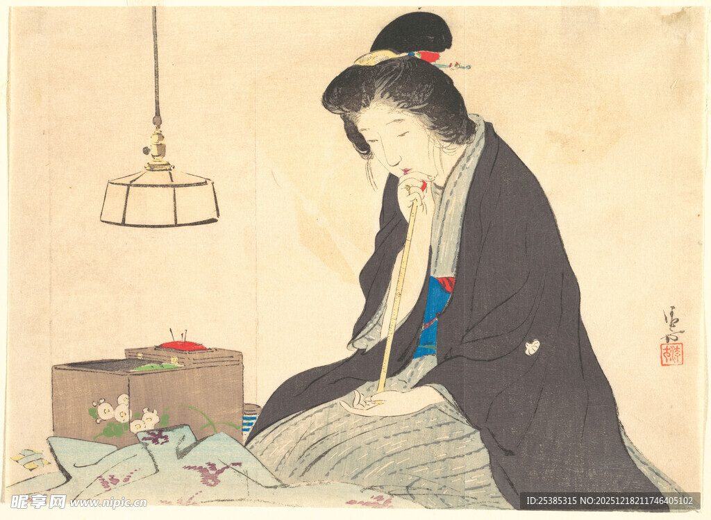 古典和服女子与鸟笼场景