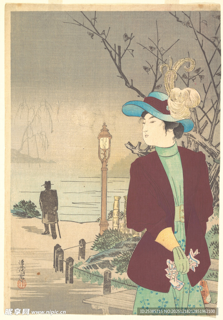 复古装扮女子于街头漫步