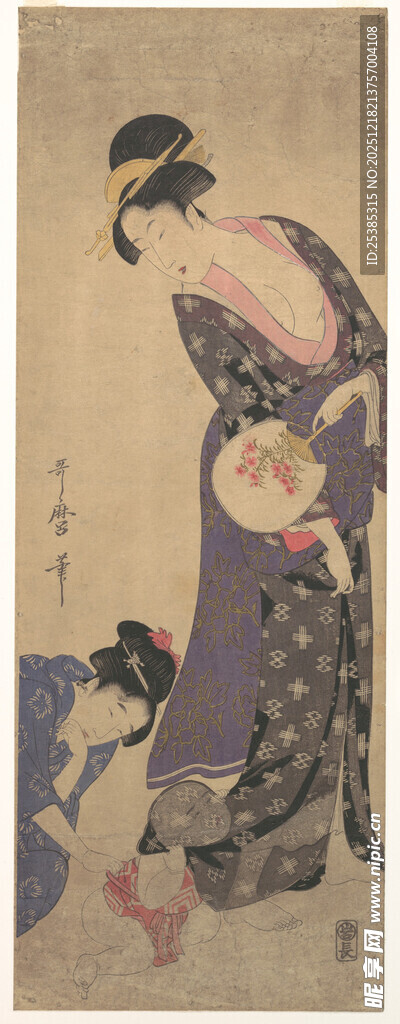 日本传统服饰女子与孩童